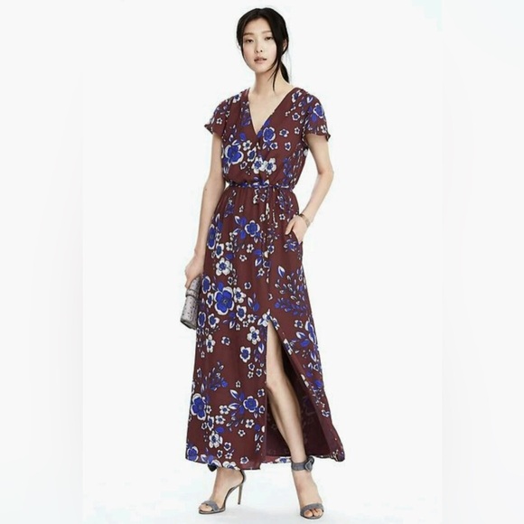 Banana Republic Burgandy Blue Floral Faux Wrap V-Neck Maxi Dress Size S - Picture 4 of 10